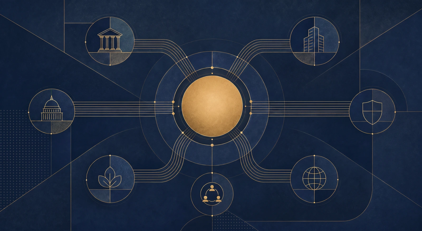 Abstraktní ilustrace propojených linek symbolizujících spolupráci mezi institucemi a odbornou praxí